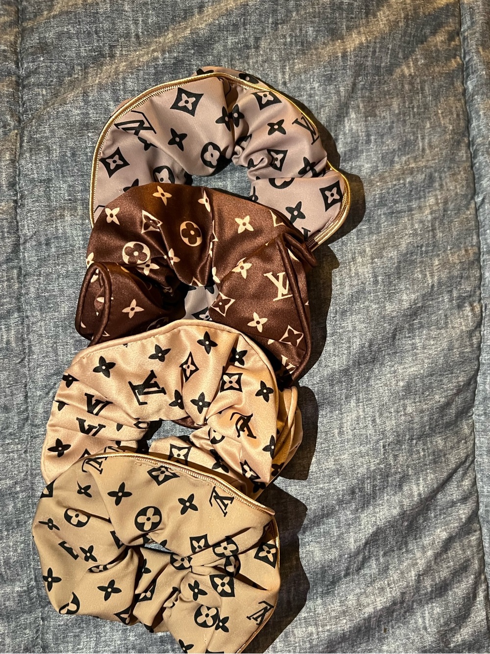 Luxury LV Monogram Satin Scrunchie Set - Beige and Brown